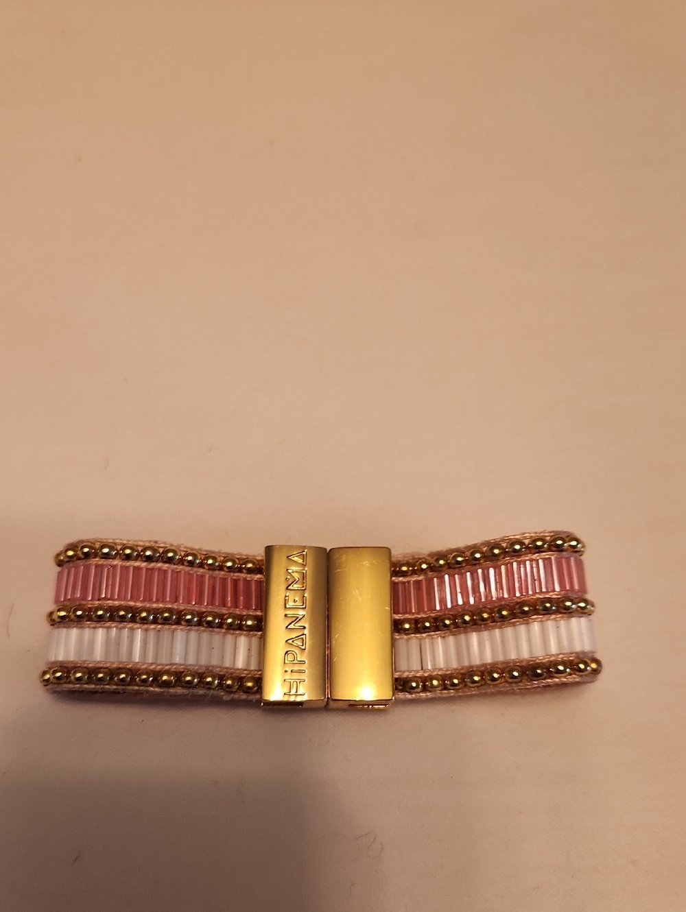 HIPANEMA Pink & White Beaded Bracelet with Gold Clasp
